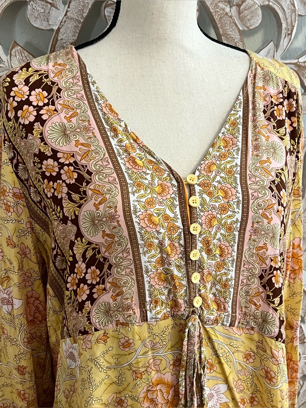 Floral Button Up V-Neck Long Sleeve Yellow Boho Dress - Picture 3 of 4